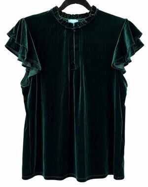 CeCe XL Emerald Green Velvet Flutter Sleeve Mock Neck Blouse Top